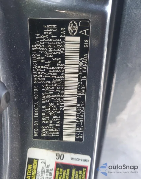 2014 Toyota Corolla L z USA, uszkodzony, nr VIN 2T1BURHE4EC185426